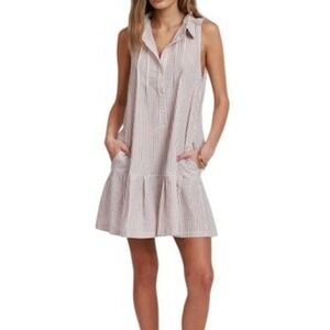 Dylan Striped‎ Seersucker Romper Dress Collared Button Front Tan White Small